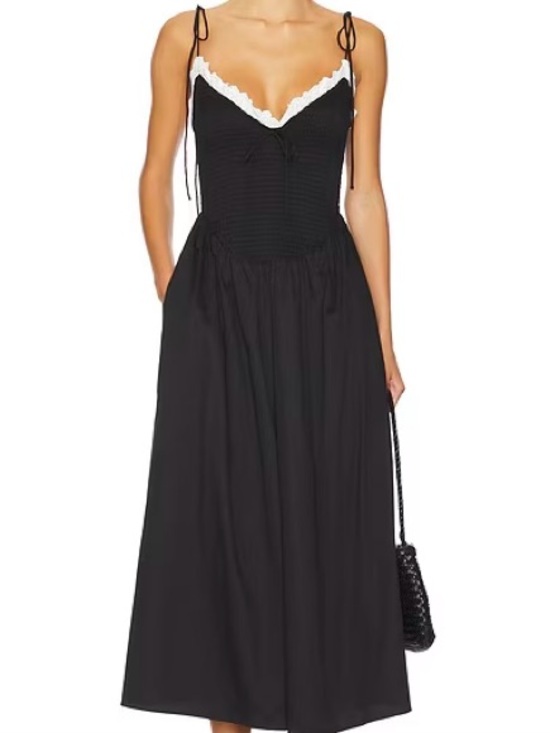 For Love And Lemons Dresses & Skirts - For Love And Lemons Bethany Black Midi Dress with White Lace Trim